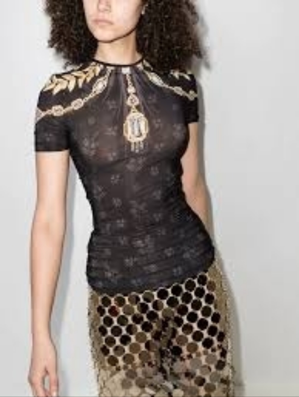 Nwt $655 Paco Rabanne Black Short-Sleeve Jewel Print Top